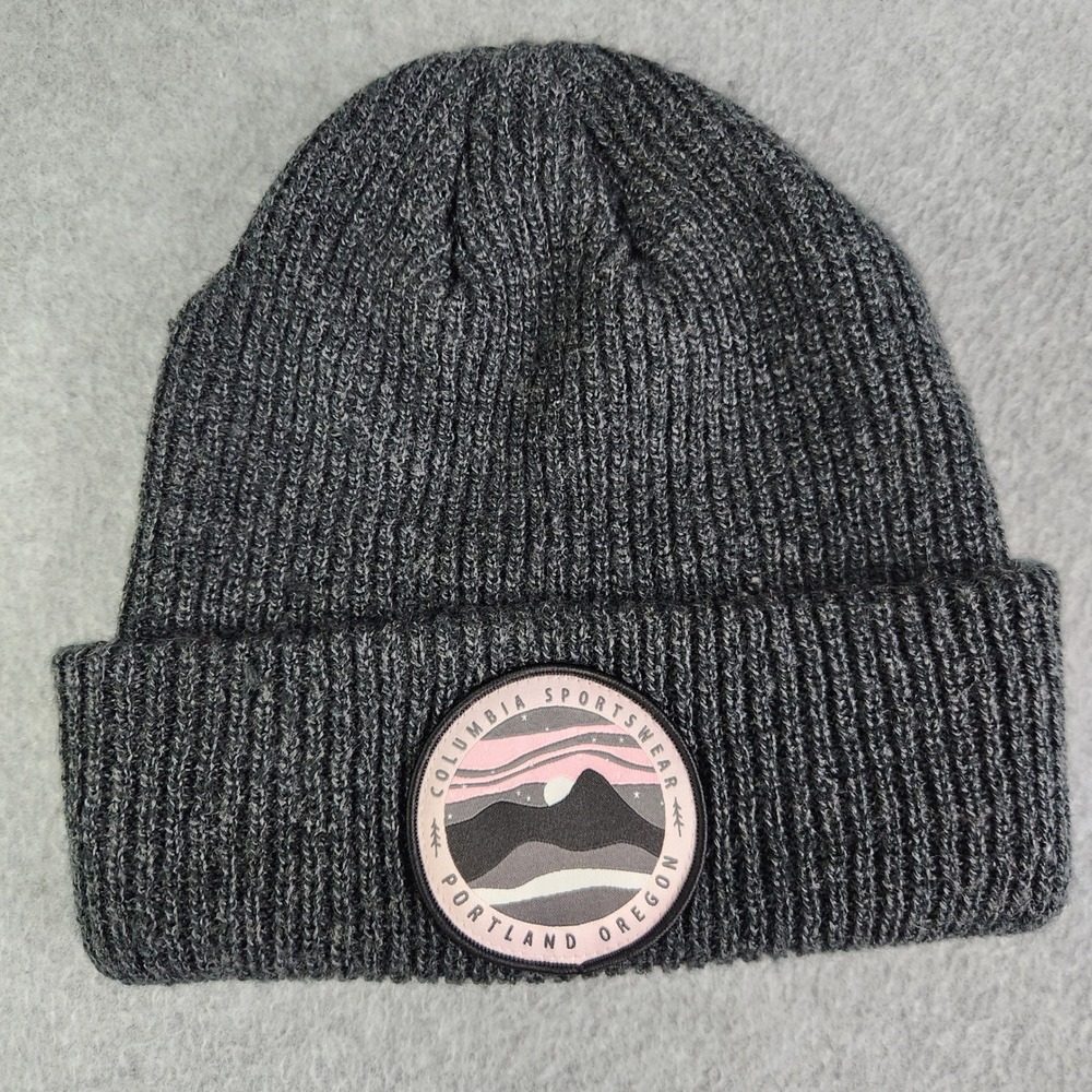 Columbia Beanie Mens OS BLack Portland Oregon Patch Ribbed Knit Cuffed Watch Cap